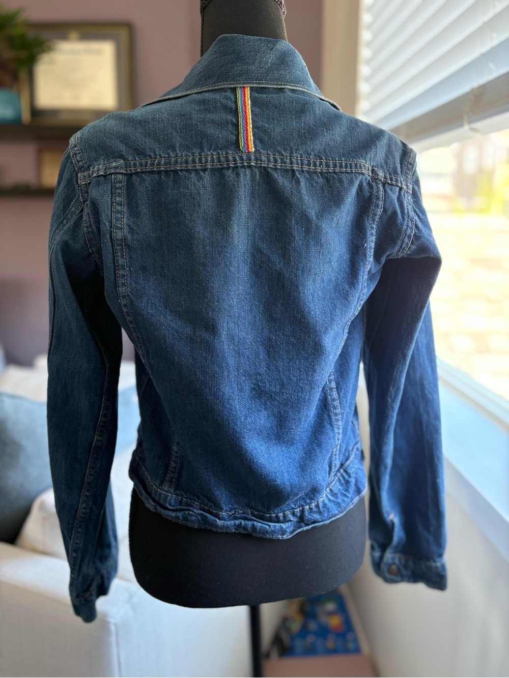 Embroidered Upcycled Dark Blue Denim Jacket w Snap Closure - Unique Handmade - Picture 3 of 14